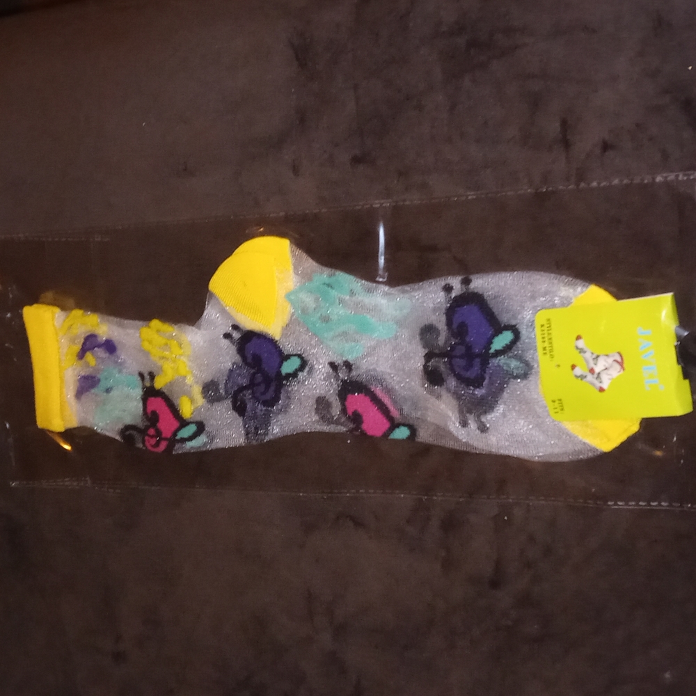 🎼💗yellow/purple 🎵Aqua green/HoT pink🎶 designed CLEAR nylon SOCKS Size:9-11